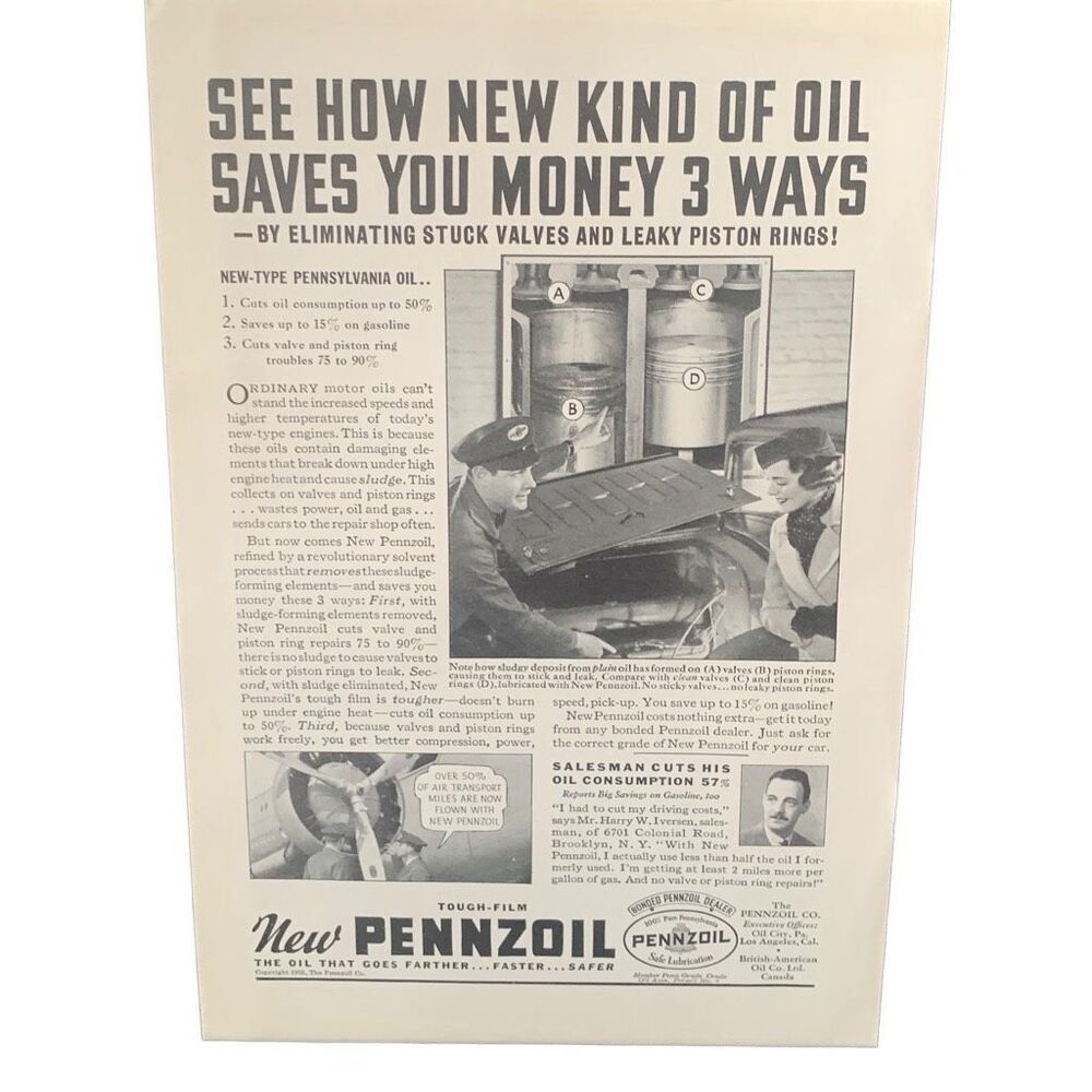 Vintage 1935 Pennzoil Saves you Money 3 Ways Ad Advertisement